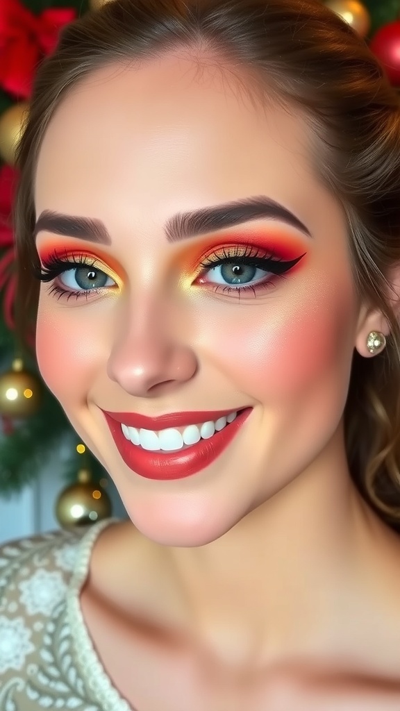 Festive Christmas Makeup for Monolid Eyes Festive Christmas makeup showcasing vibrant red and gold eyeshadow on monolid eyes, with a cheerful holiday background.